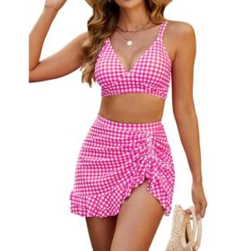 Split Bikini Cover Belly Slimming Swimsuit Suit (Option: Pink and white grid-XL)