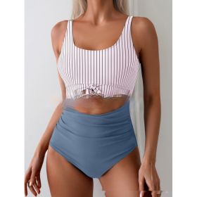 One-piece Female Stitching Contrast Color Strap Covered Belly Swimsuit (Option: Stripes Gray And Blue-S)
